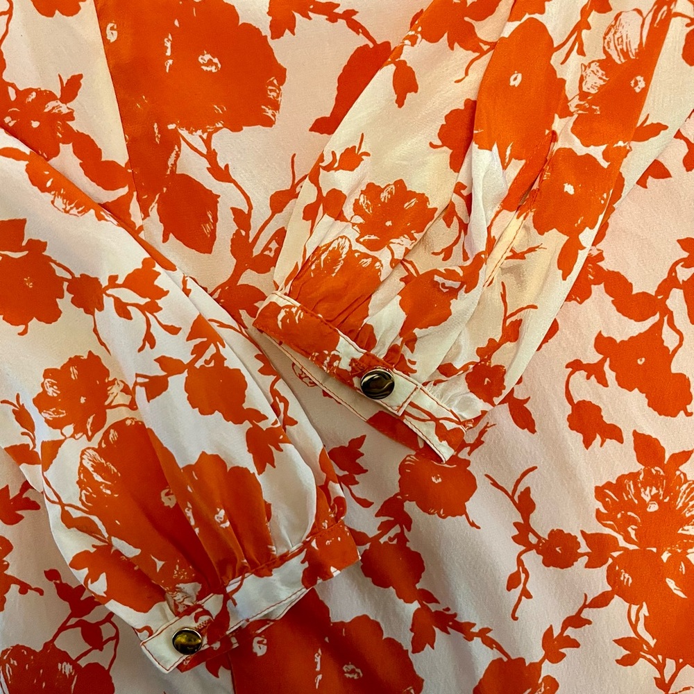 Tory Burch Silk Orange Floral Key Hole Long Sleeve Shift Dress - Picture 7 of 10